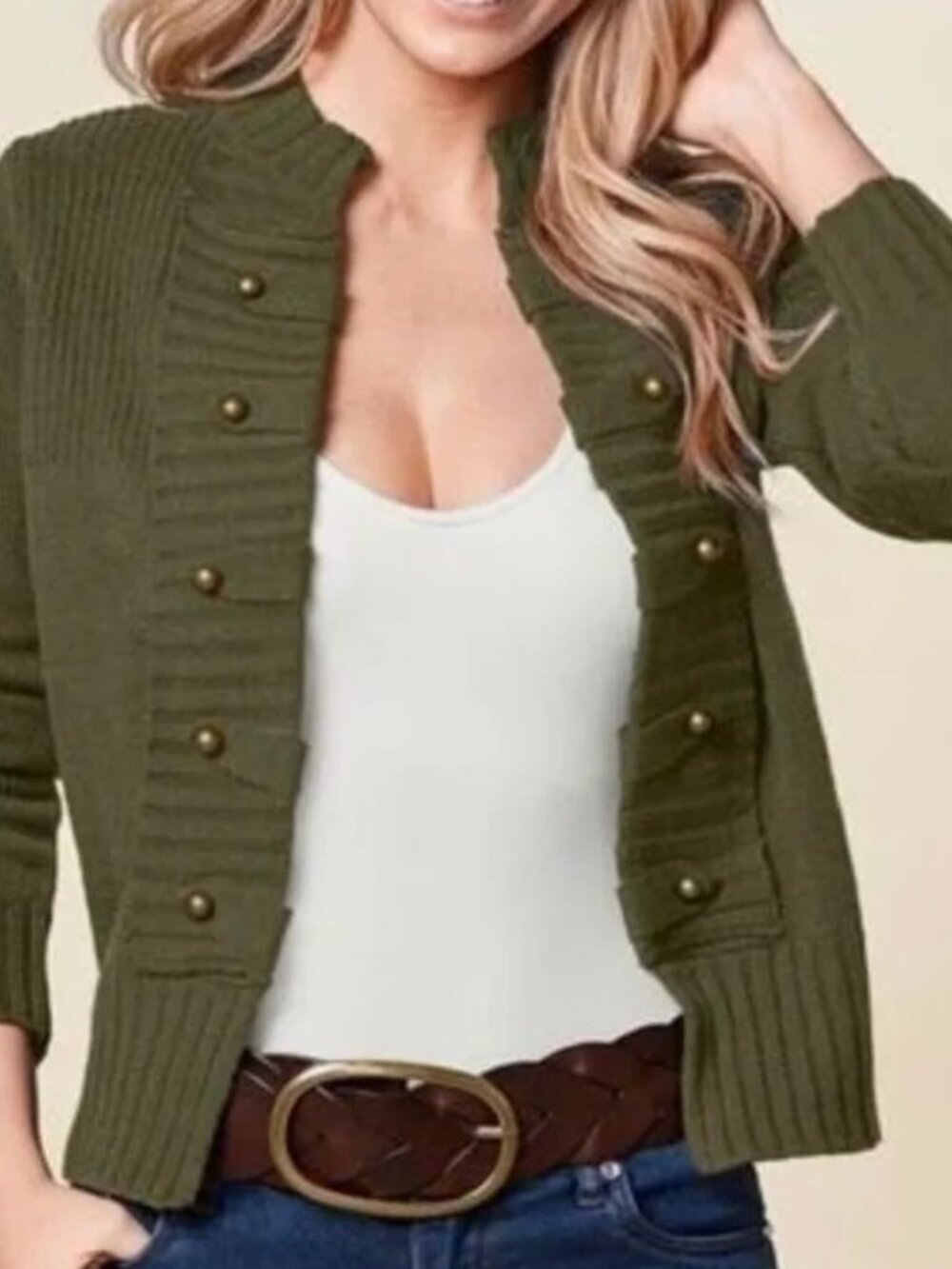 VENUS Olive Green Double-Breasted Knit Open Cardigan Large